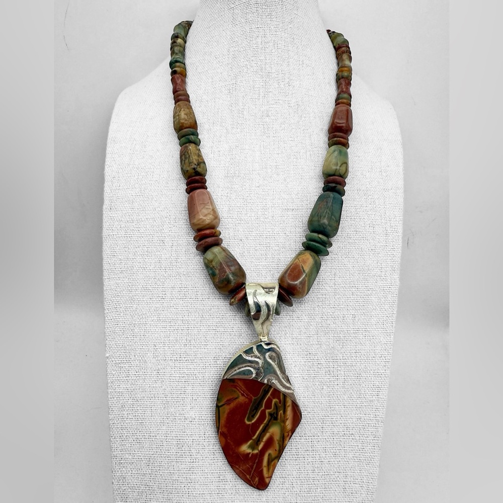 Jay King Sterling Red Agate Dendritic Pendant Necklace 92g 18-20” Mine Finds EUC